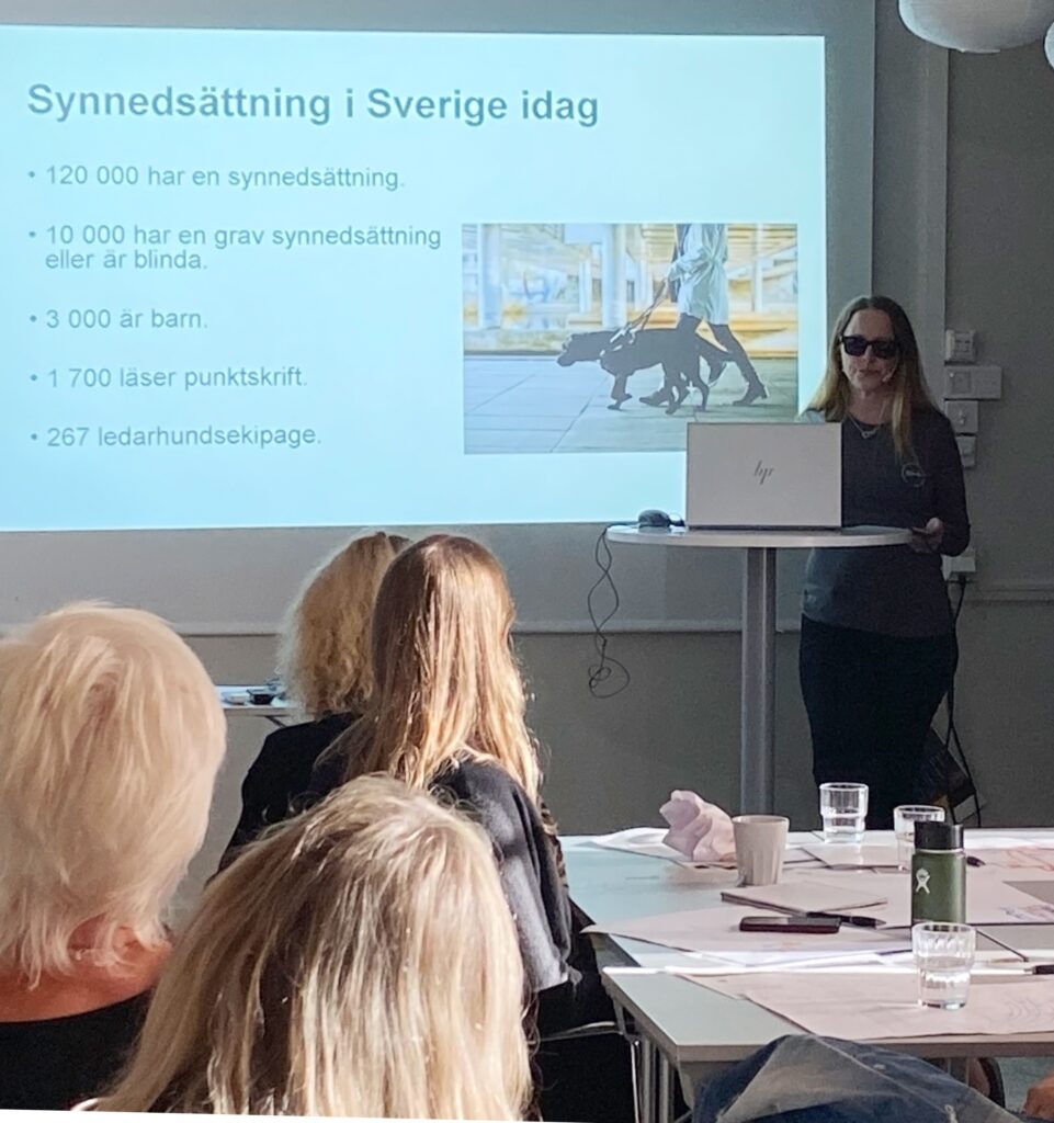 Blundas coach Annika föreläser om tillgänglighet och bemötande av personer med synnedsättning.